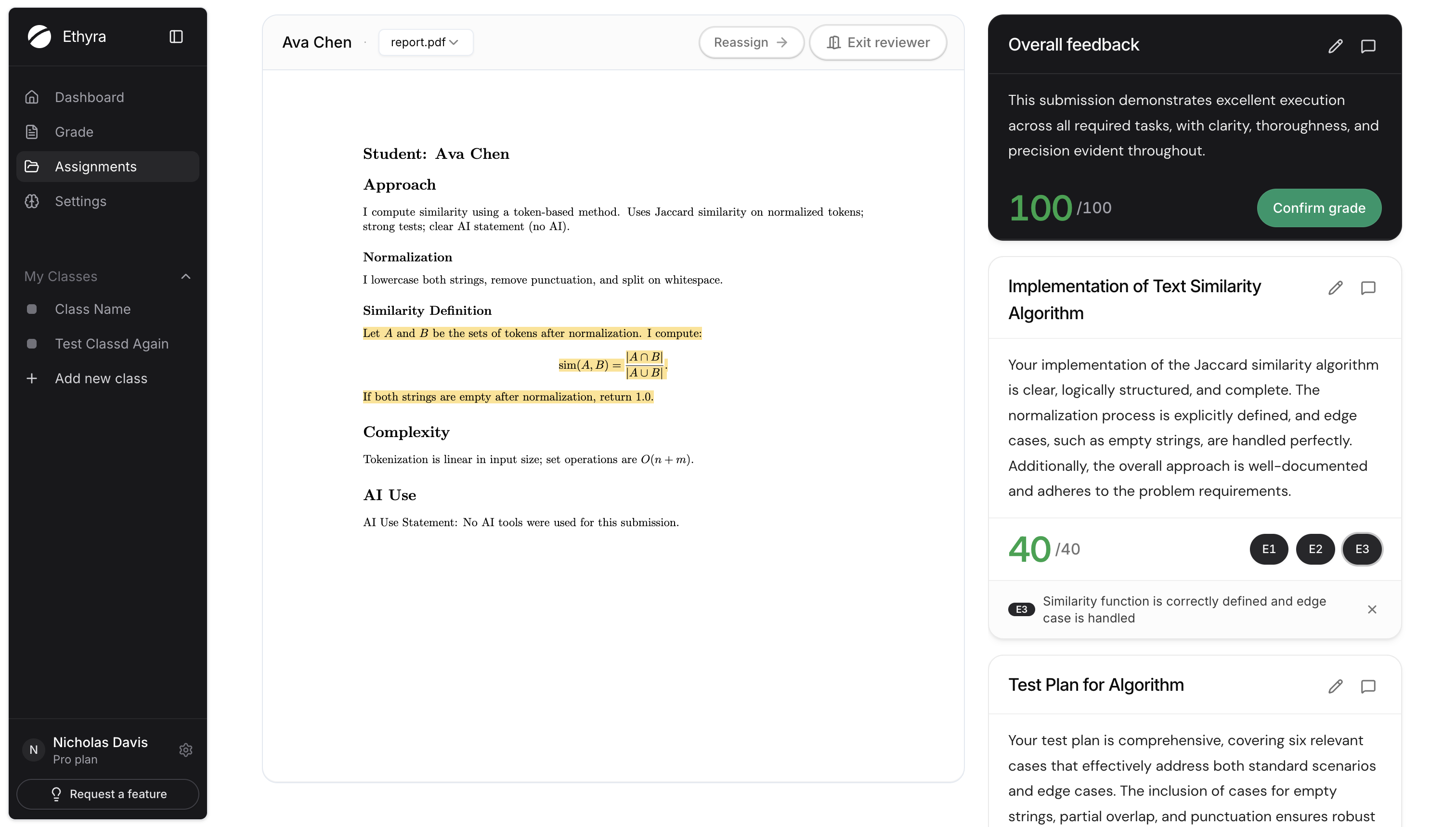 Ethyra Review Center with student work beside criterion-level scores and feedback